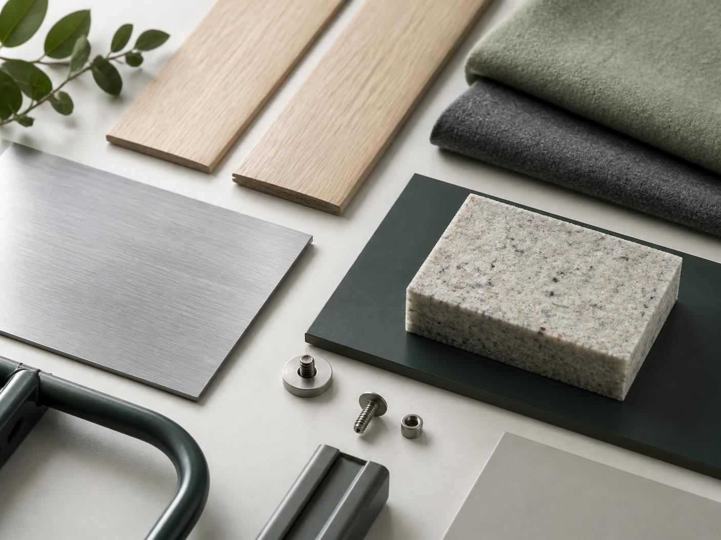 Furniture material samples: oak veneer, brushed aluminium, wool textiles and recycled foam