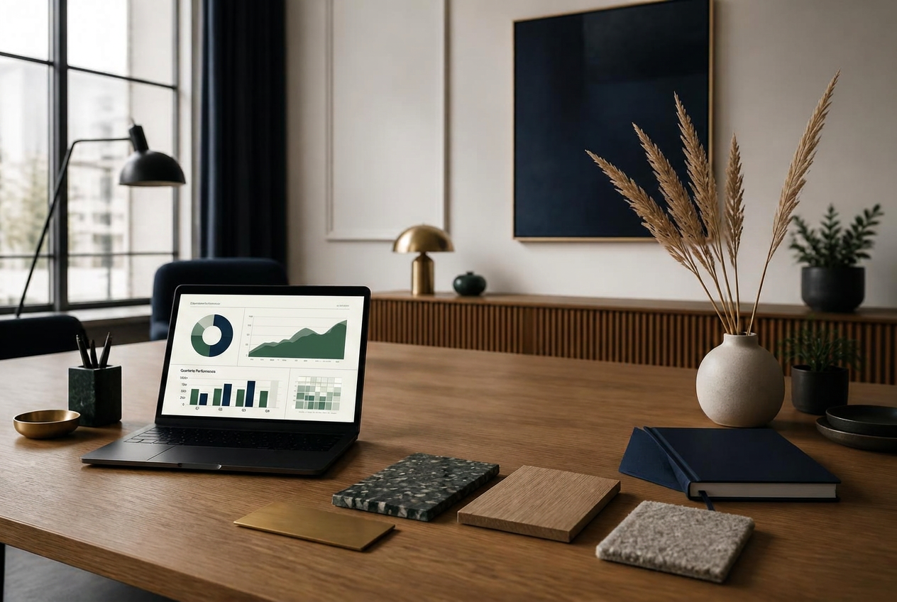 Executive workspace with sustainability dashboard and material samples