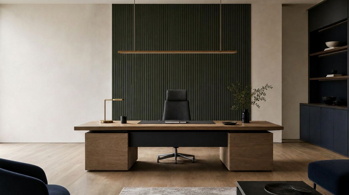 Executive office interior with oak desk, task chair, pendant lighting, fluted acoustic panel and oak flooring