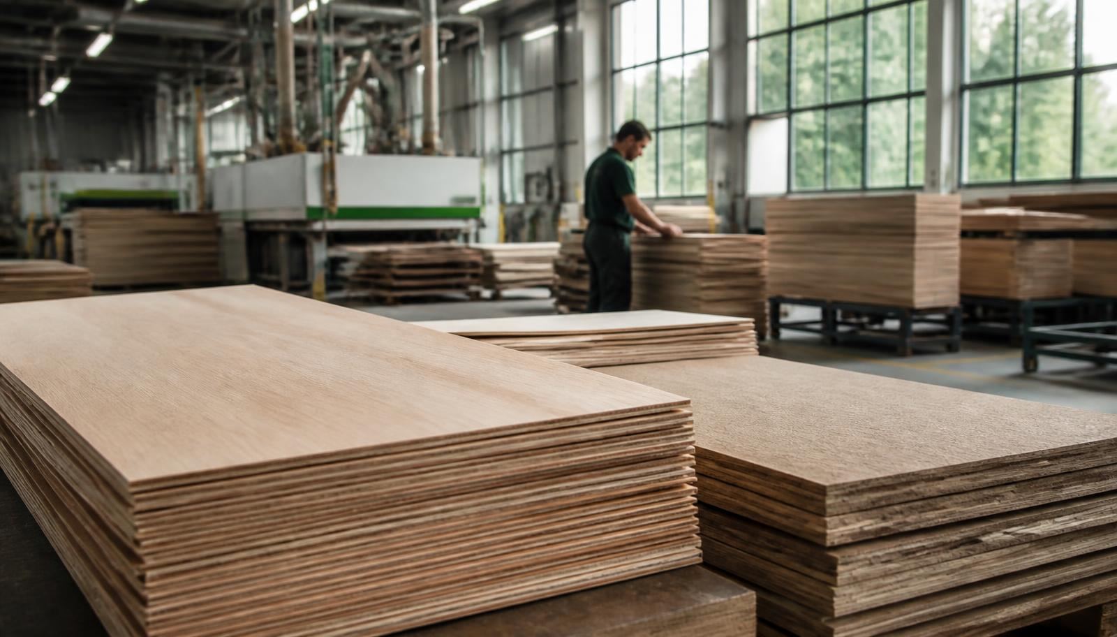 Furniture production floor: oak veneer panels and raw materials